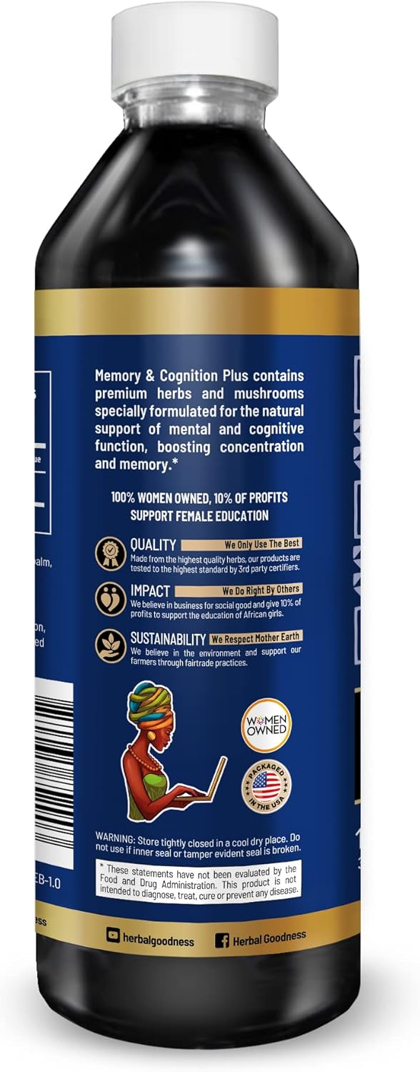 Organic Herbal Liquid Extract for Memory & Cognition - Supports Mental Clarity, Energy & Immune Function - 12oz Bottle with Ginkgo, Sage & Lion’s Mane - 23 Servings