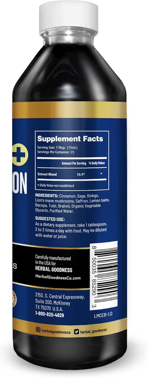 Organic Herbal Liquid Extract for Memory & Cognition - Supports Mental Clarity, Energy & Immune Function - 12oz Bottle with Ginkgo, Sage & Lion’s Mane - 23 Servings