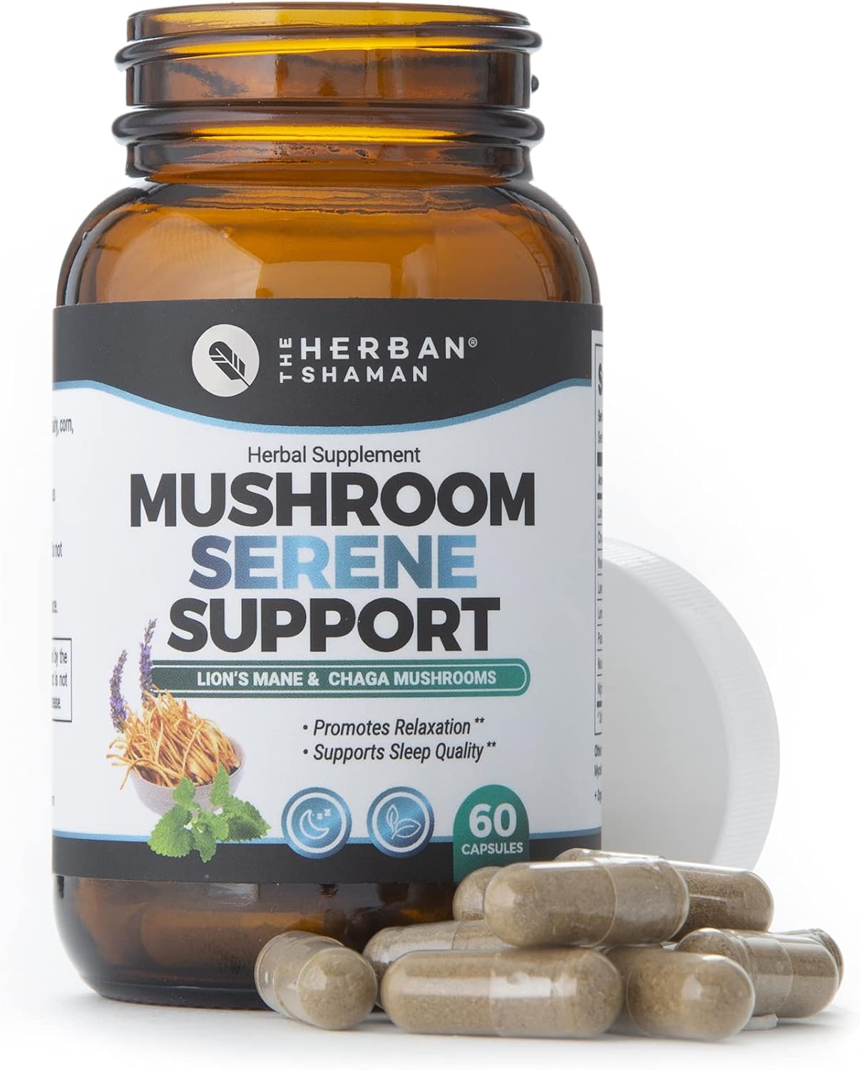 Organic Herban Shaman Serene Mushroom Supplement Capsules with Lion’s Mane, Chaga, Kava, Lavender, Passion Flower, Mucuna Pruriens, Cereus - 60 Capsules