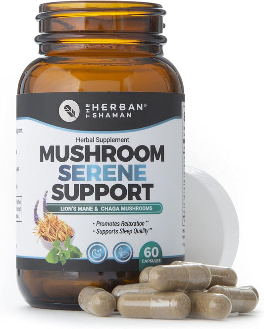 Organic Herban Shaman Serene Mushroom Supplement Capsules with Lion’s Mane, Chaga, Kava, Lavender, Passion Flower, Mucuna Pruriens, Cereus - 60 Capsules