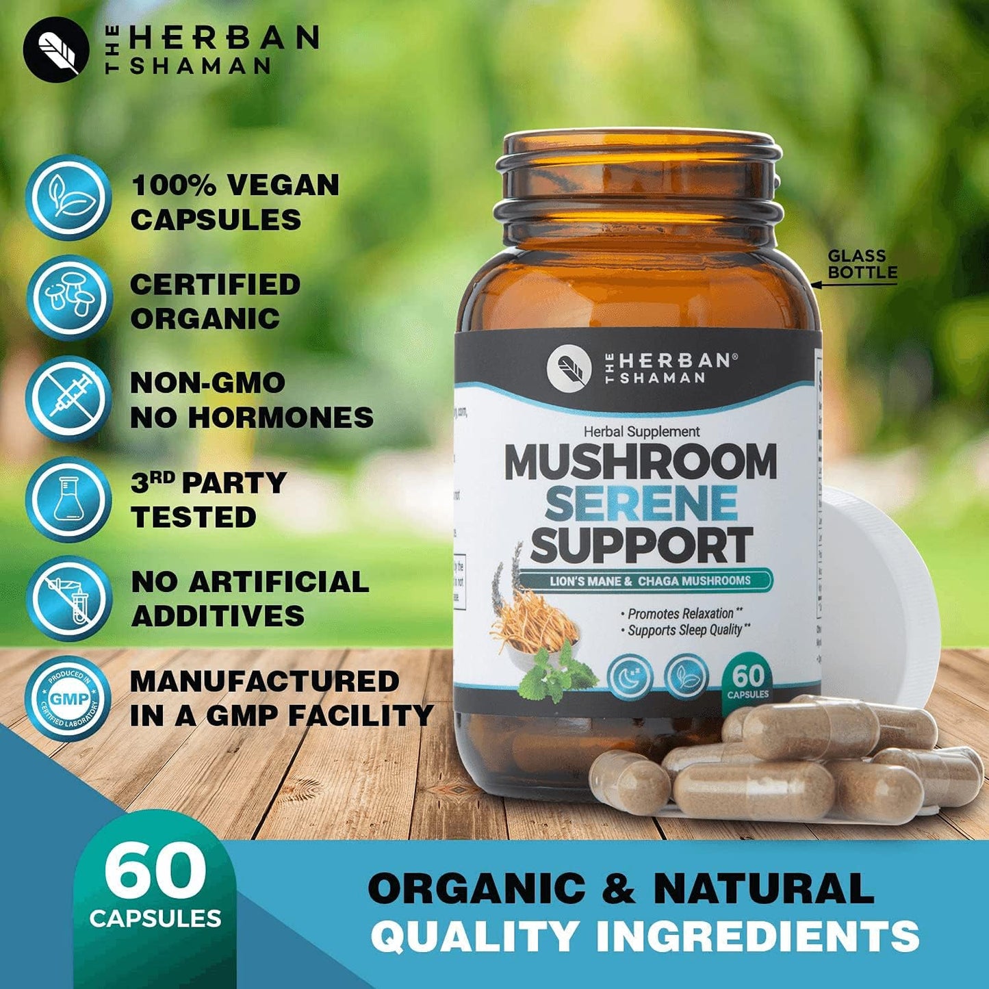 Organic Herban Shaman Serene Mushroom Supplement Capsules with Lion’s Mane, Chaga, Kava, Lavender, Passion Flower, Mucuna Pruriens, Cereus - 60 Capsules
