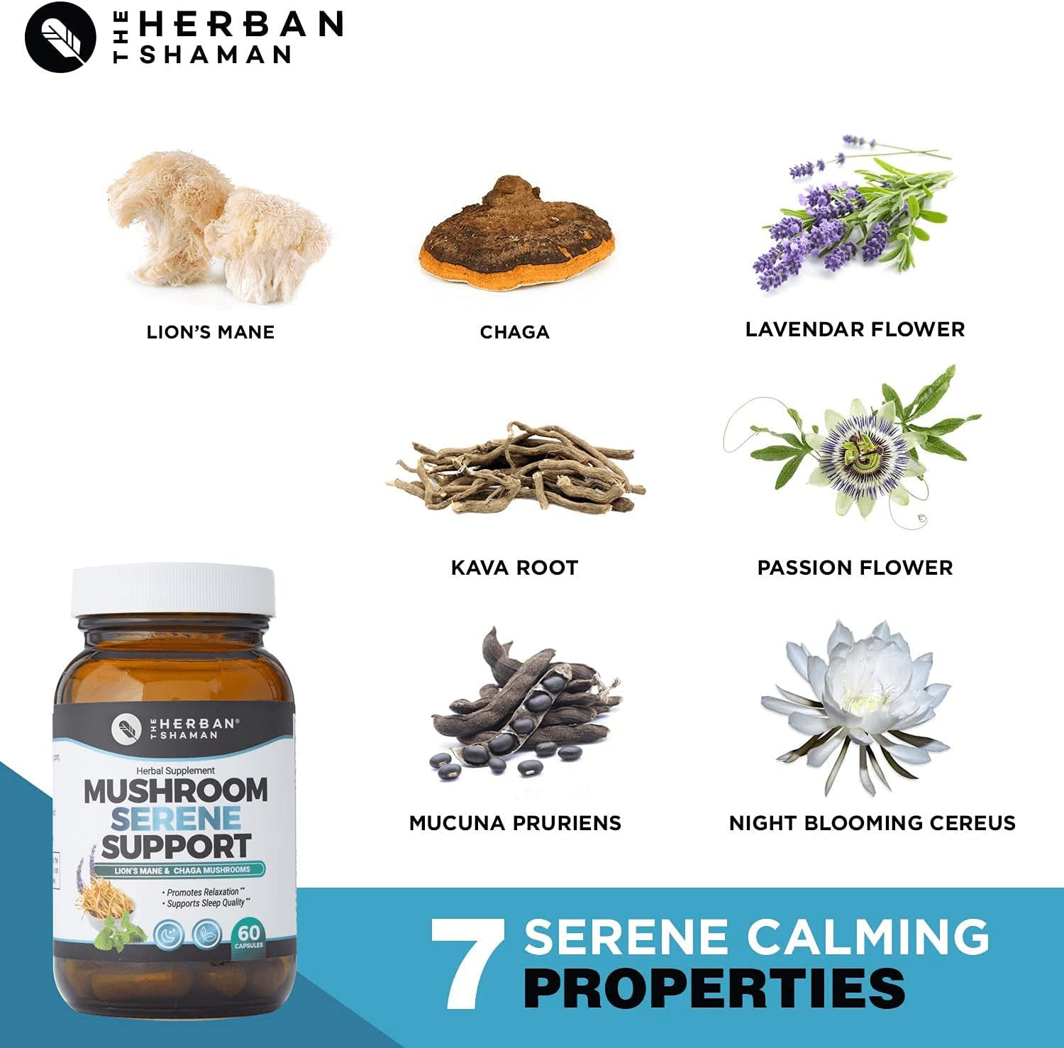 Organic Herban Shaman Serene Mushroom Supplement Capsules with Lion’s Mane, Chaga, Kava, Lavender, Passion Flower, Mucuna Pruriens, Cereus - 60 Capsules