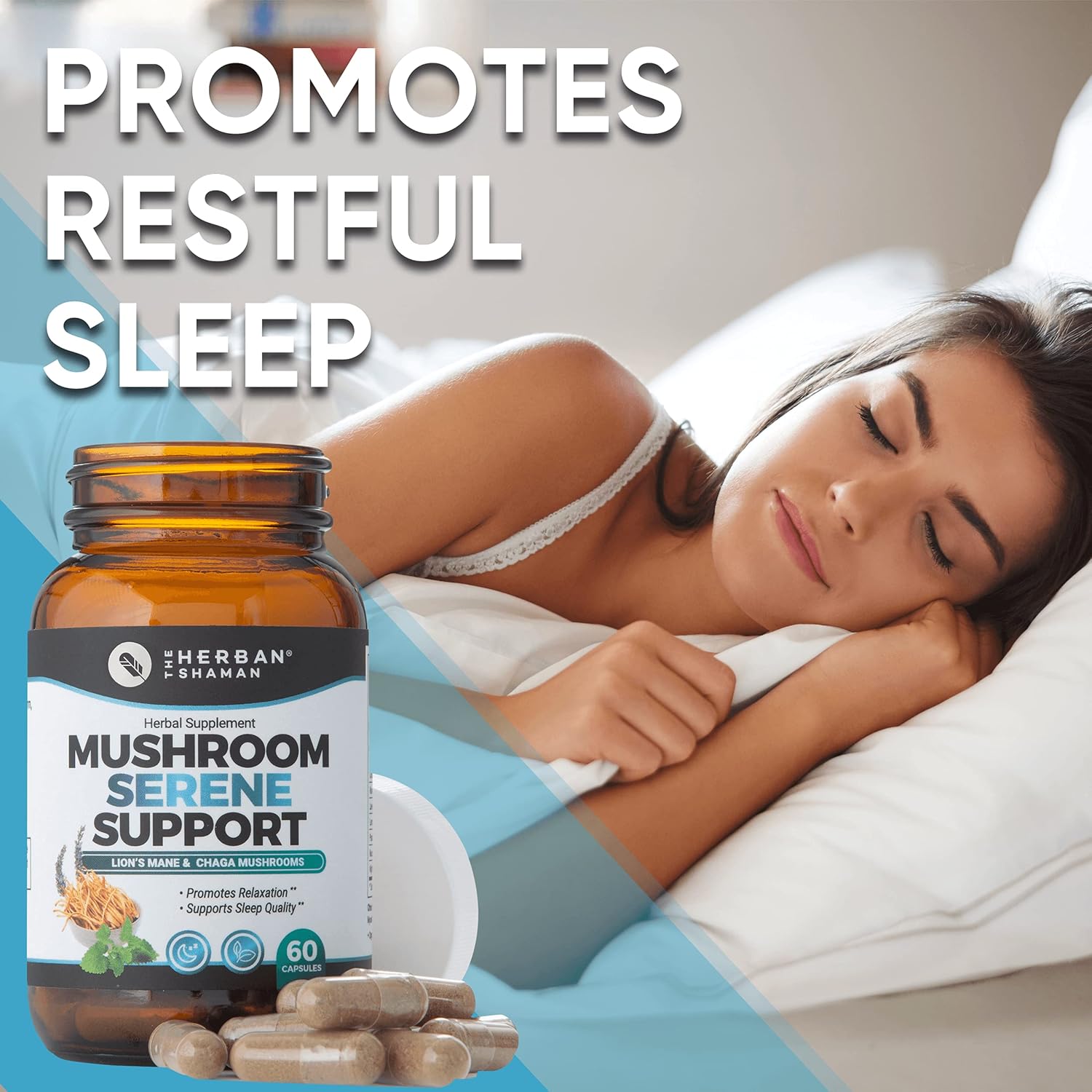 Organic Herban Shaman Serene Mushroom Supplement Capsules with Lion’s Mane, Chaga, Kava, Lavender, Passion Flower, Mucuna Pruriens, Cereus - 60 Capsules