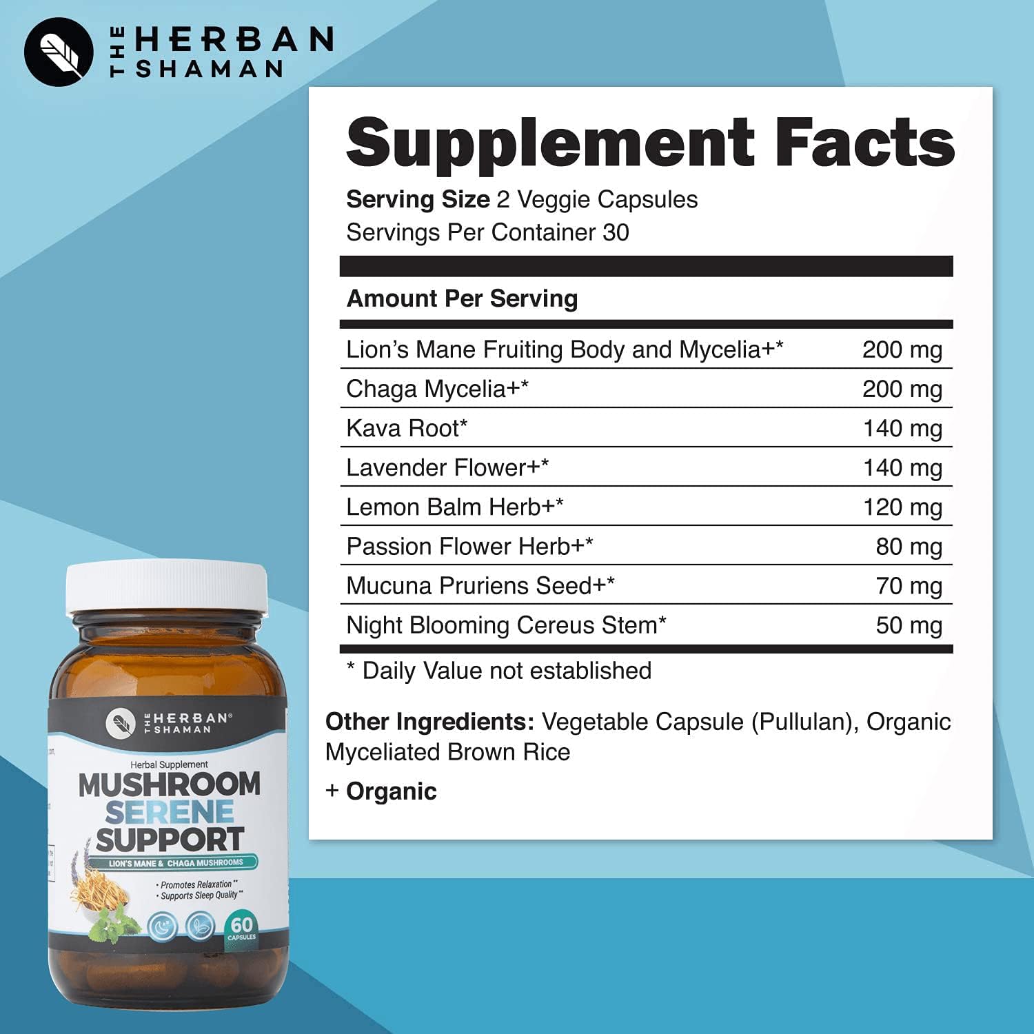 Organic Herban Shaman Serene Mushroom Supplement Capsules with Lion’s Mane, Chaga, Kava, Lavender, Passion Flower, Mucuna Pruriens, Cereus - 60 Capsules