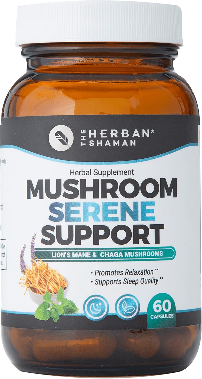 Organic Herban Shaman Serene Mushroom Supplement Capsules with Lion’s Mane, Chaga, Kava, Lavender, Passion Flower, Mucuna Pruriens, Cereus - 60 Capsules