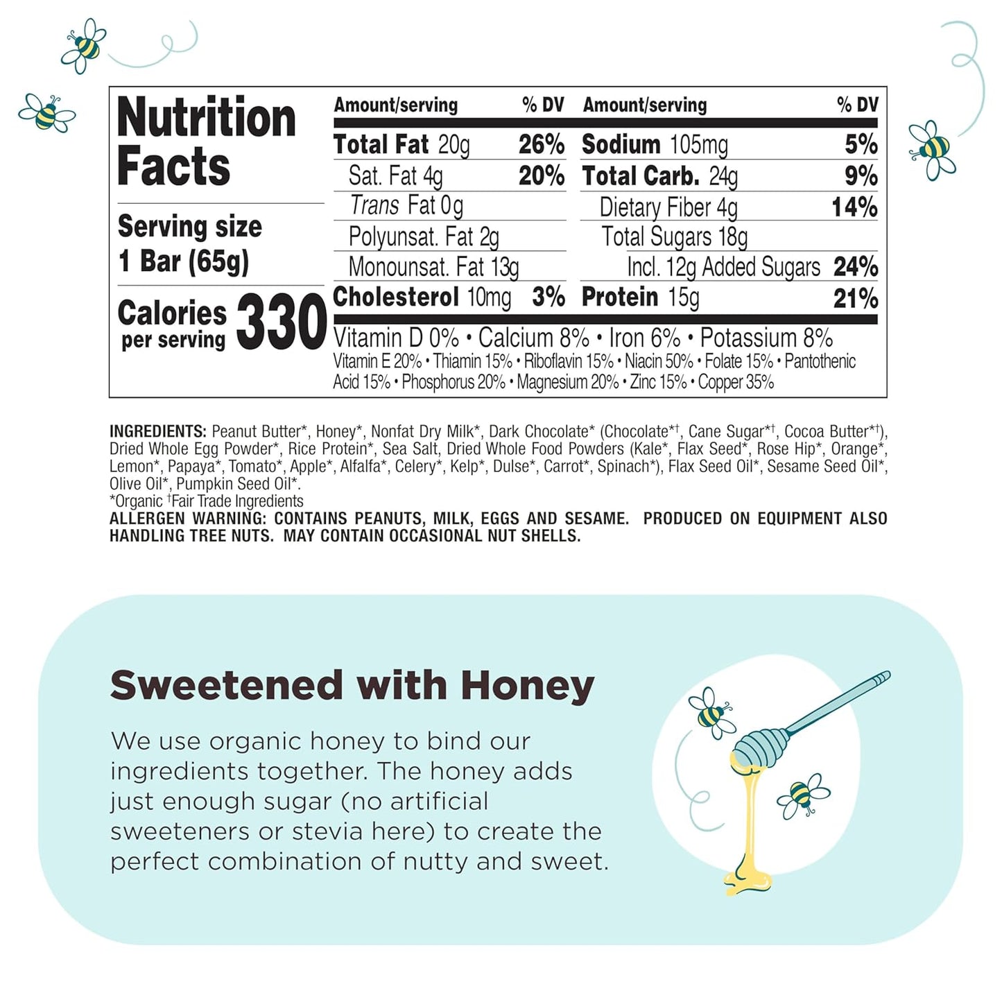 Organic High-Protein Dark Chocolate Chip Peanut Butter Bars - Gluten-Free, Soy-Free, Non-GMO (10 Count, 2.3 oz)