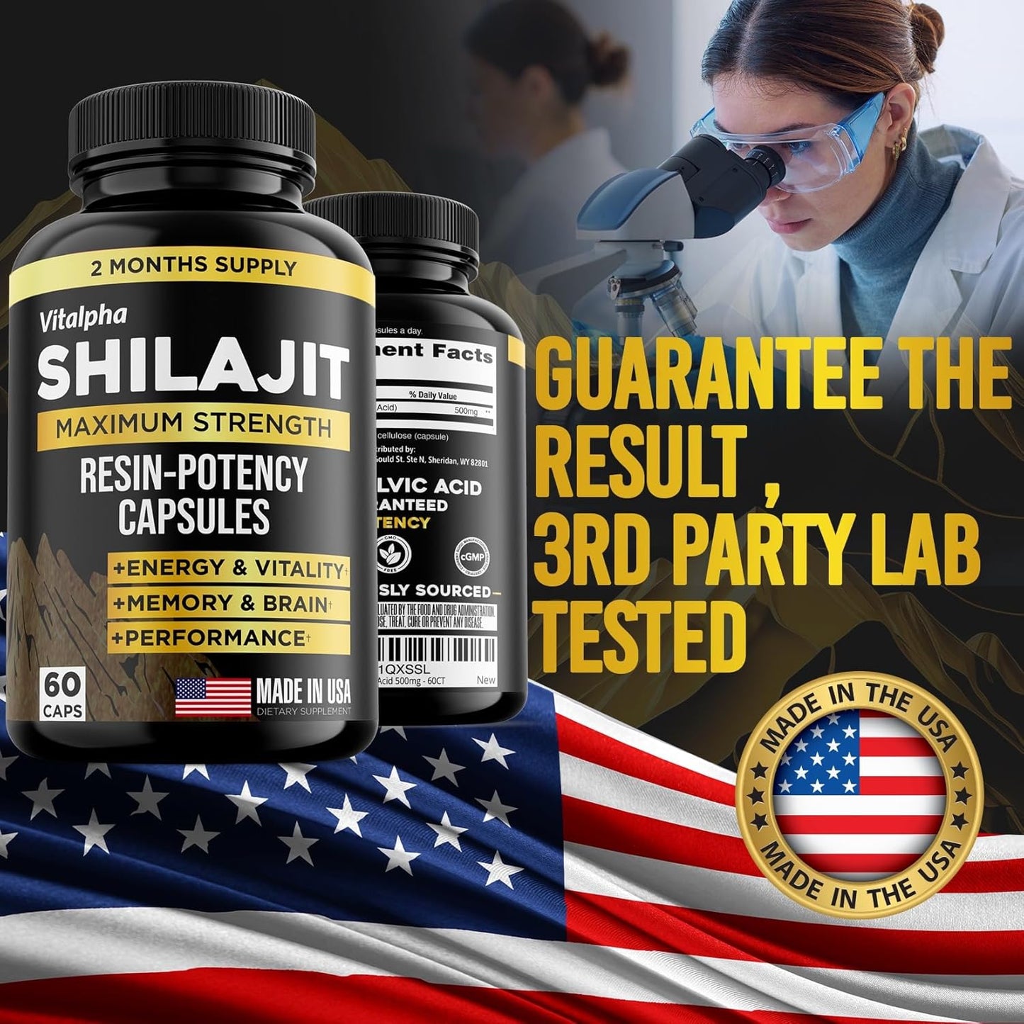 Organic Himalayan Shilajit Capsules with 50% Fulvic Acid - USA Made - 500mg Extract - 85+ Minerals - 60 Count