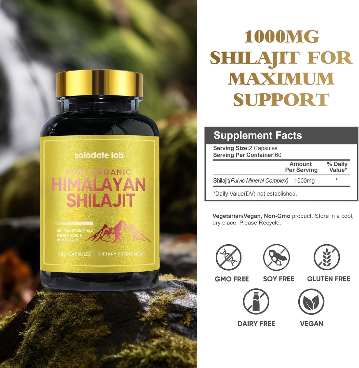 Organic Himalayan Shilajit Capsules with 85+ Trace Minerals for Energy & Immune Support