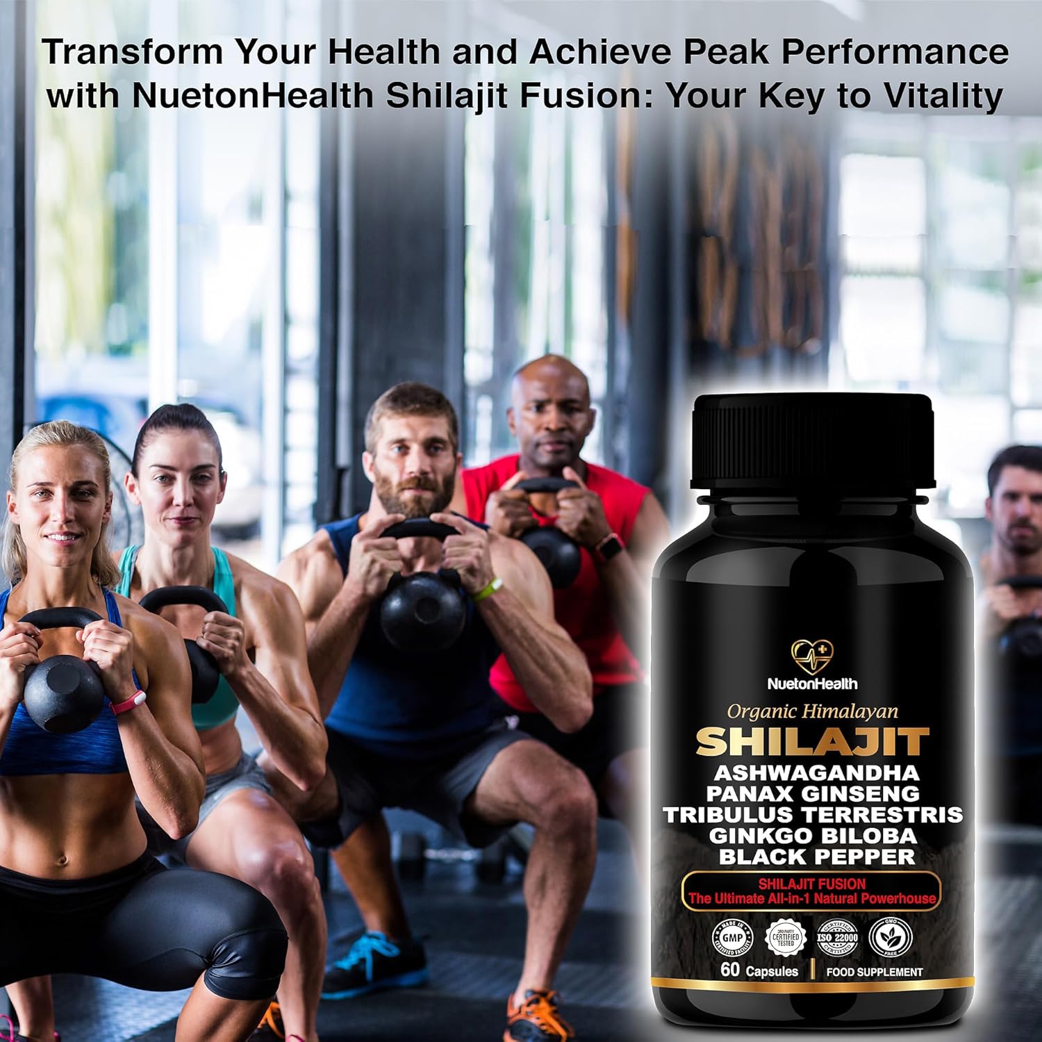Organic Himalayan Shilajit Capsules with Ashwagandha, Ginseng, Tribulus, Ginkgo & Black Pepper - Vegan, Gluten-Free Energy & Immune Support - 60 Gold Capsules