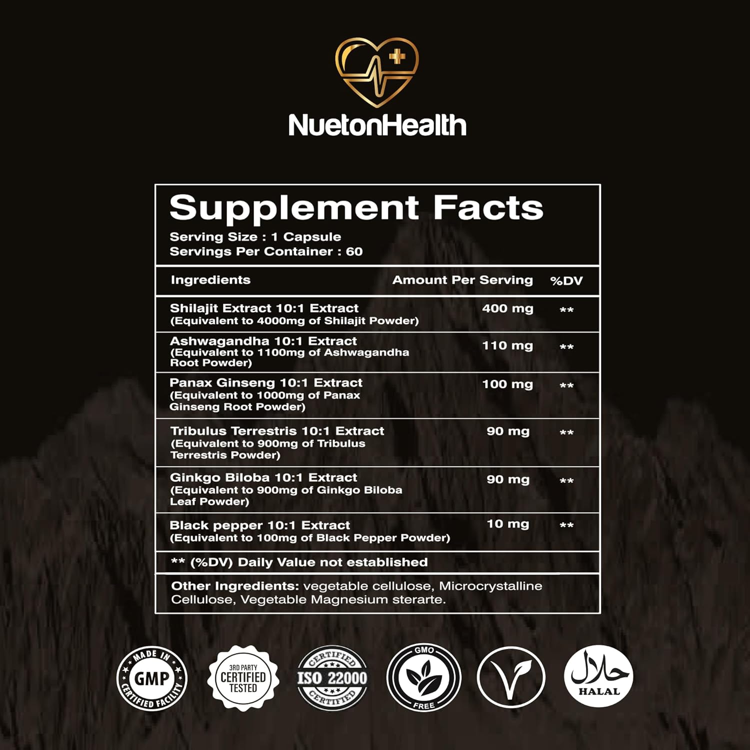 Organic Himalayan Shilajit Capsules with Ashwagandha, Ginseng, Tribulus, Ginkgo & Black Pepper - Vegan, Gluten-Free Energy & Immune Support - 60 Gold Capsules