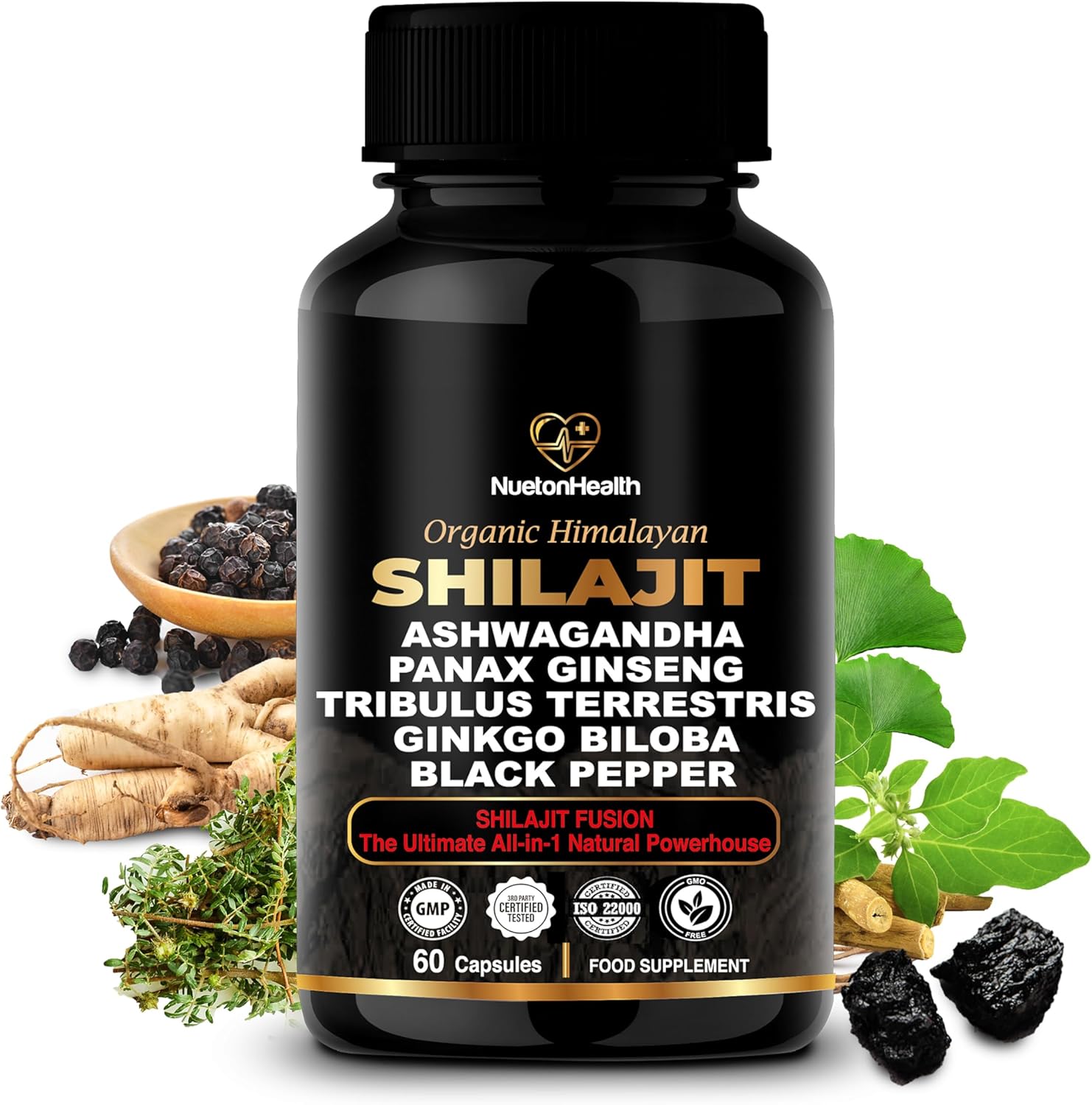 Organic Himalayan Shilajit Capsules with Ashwagandha, Ginseng, Tribulus, Ginkgo & Black Pepper - Vegan, Gluten-Free Energy & Immune Support - 60 Gold Capsules