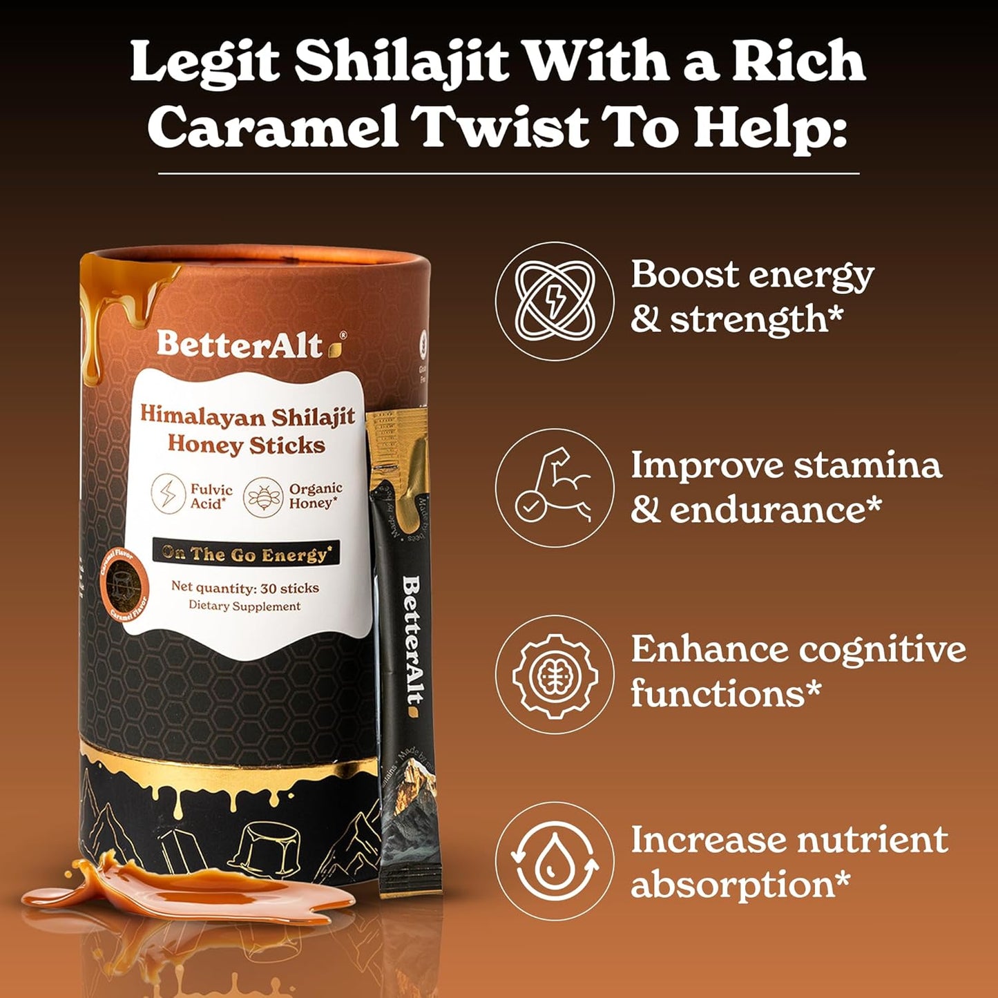 Organic Himalayan Shilajit Caramel Honey Sticks with Saffron & 85+ Trace Minerals | Energy Boost & Immune Support | 30 Easy-to-Consume Sticks