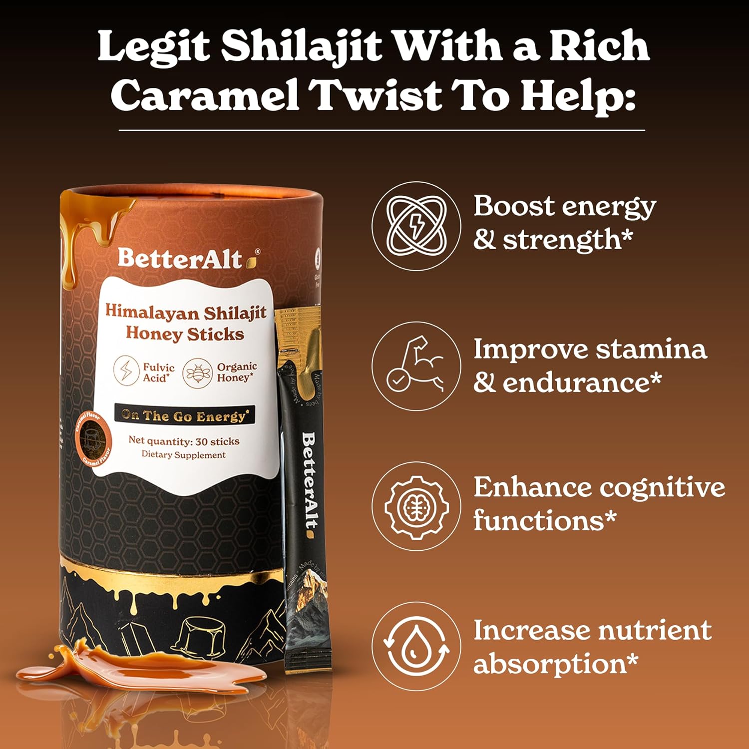 Organic Himalayan Shilajit Caramel Honey Sticks with Saffron & 85+ Trace Minerals | Energy Boost & Immune Support | 30 Easy-to-Consume Sticks