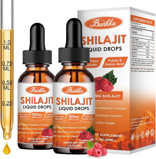 Organic Himalayan Shilajit Drops (2 Pack) with Glutathione & Quercetin - 500mg Pure Resin, 85+ Trace Minerals for Immunity & Skin Health, Sugar-Free Formula for Men & Women