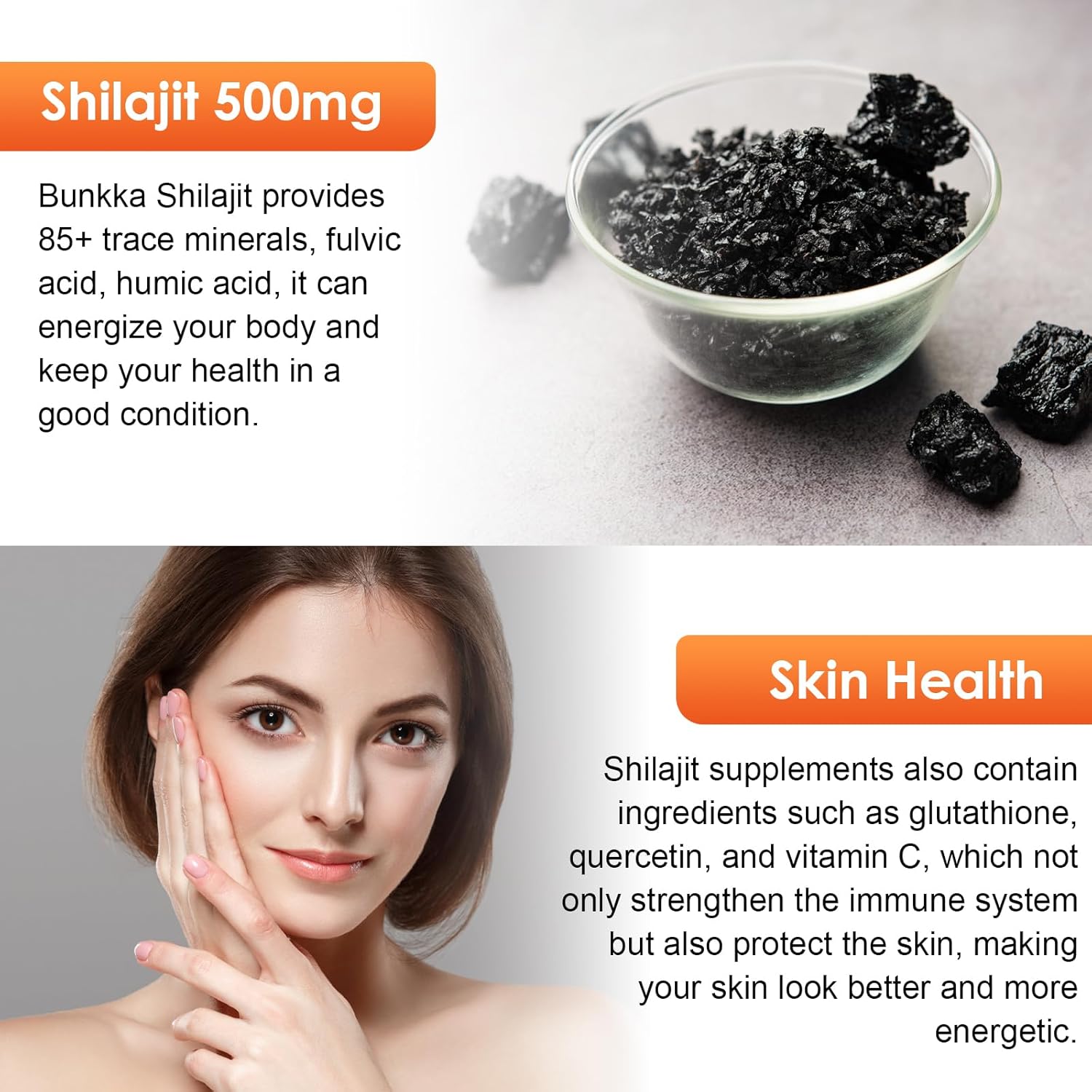 Organic Himalayan Shilajit Drops (2 Pack) with Glutathione & Quercetin - 500mg Pure Resin, 85+ Trace Minerals for Immunity & Skin Health, Sugar-Free Formula for Men & Women