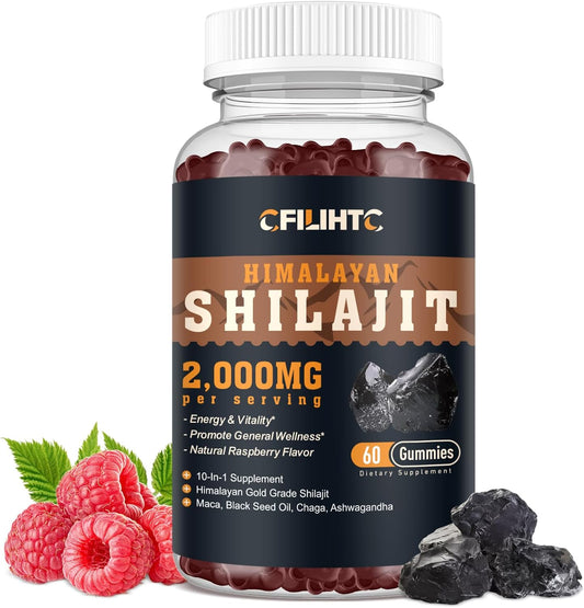 Organic Himalayan Shilajit Gummies 2000mg with Ashwagandha & Maca - 85+ Trace Minerals for Energy, Brain, Immunity - Sugar Free Raspberry - 60ct