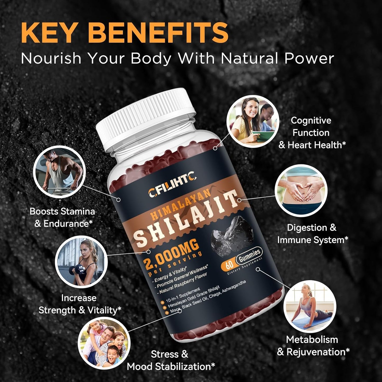 Organic Himalayan Shilajit Gummies 2000mg with Ashwagandha & Maca - 85+ Trace Minerals for Energy, Brain, Immunity - Sugar Free Raspberry - 60ct