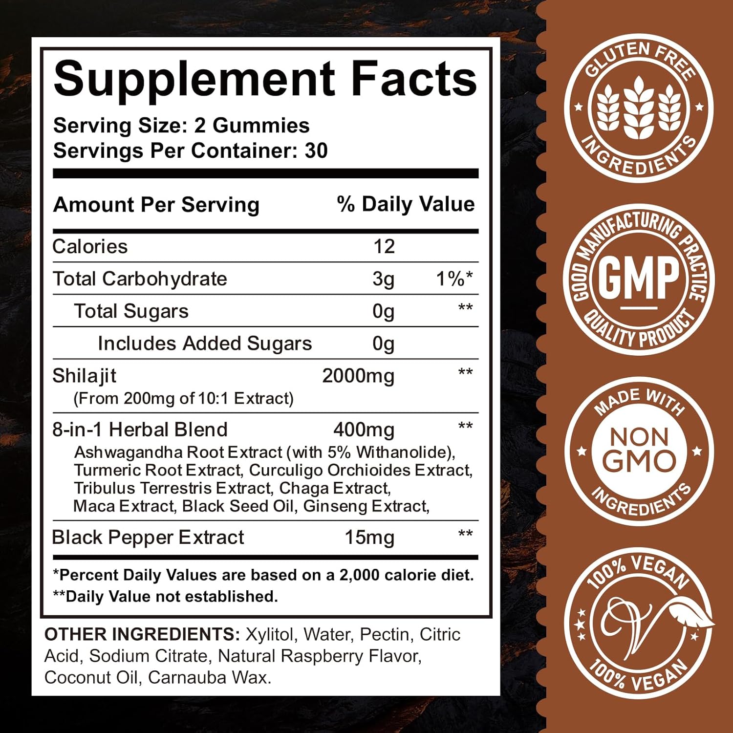 Organic Himalayan Shilajit Gummies 2000mg with Ashwagandha & Maca - 85+ Trace Minerals for Energy, Brain, Immunity - Sugar Free Raspberry - 60ct