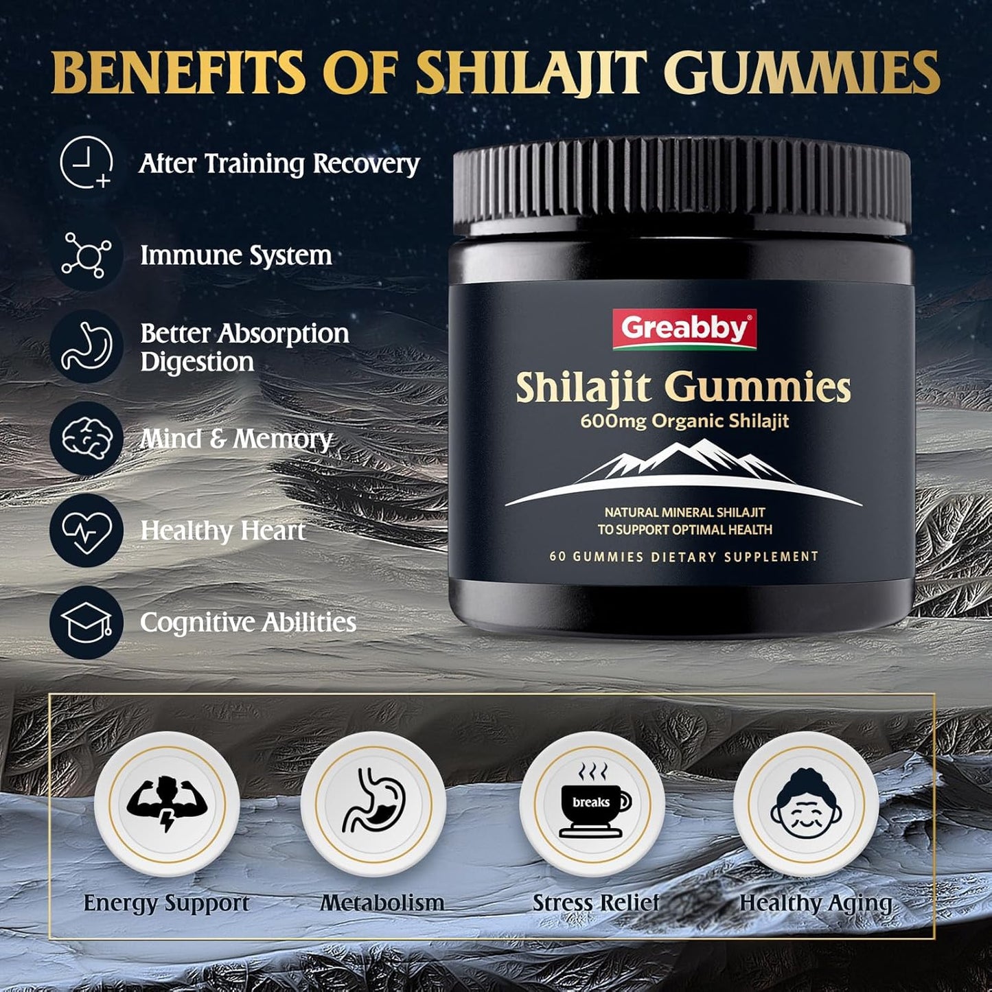 Organic Himalayan Shilajit Gummies for Men - 600mg Chewable Supplement with 85+ Trace Minerals and Fulvic Acid - Energy & Immune Support - 60 Count