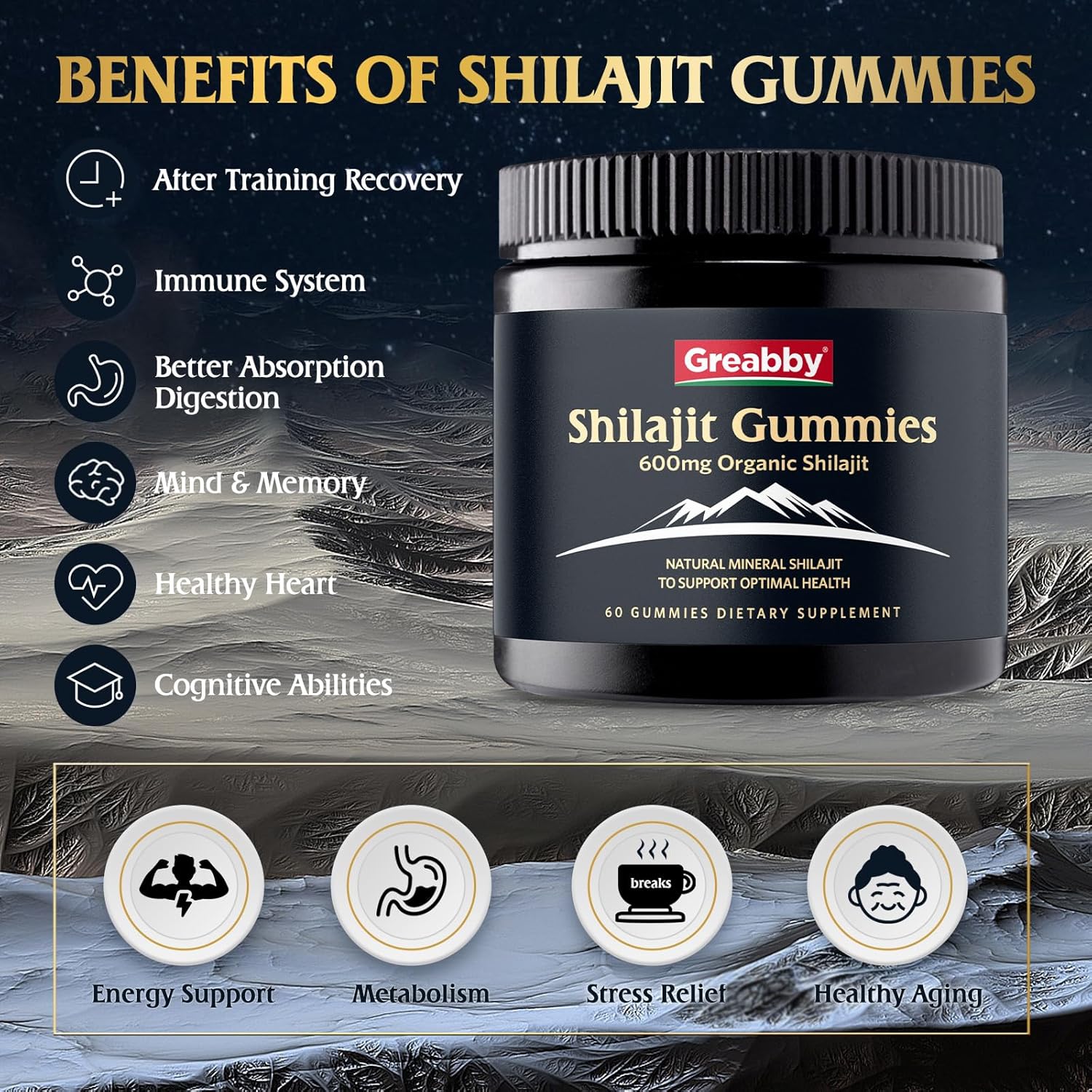 Organic Himalayan Shilajit Gummies for Men - 600mg Chewable Supplement with 85+ Trace Minerals and Fulvic Acid - Energy & Immune Support - 60 Count