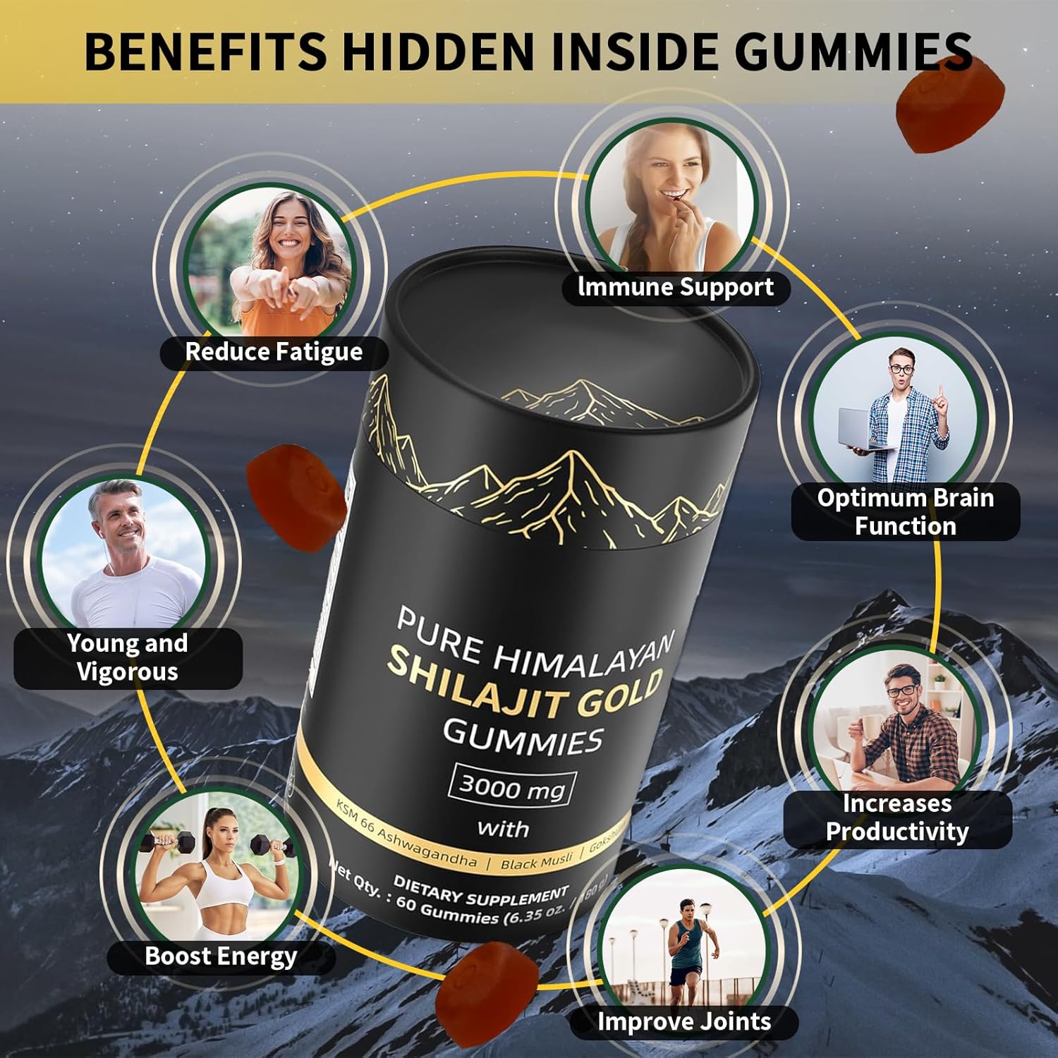 Organic Himalayan Shilajit Gummies with Ashwagandha & Gokshura - Non-GMO, Sugar-Free, 85+ Trace Minerals - 60 Count