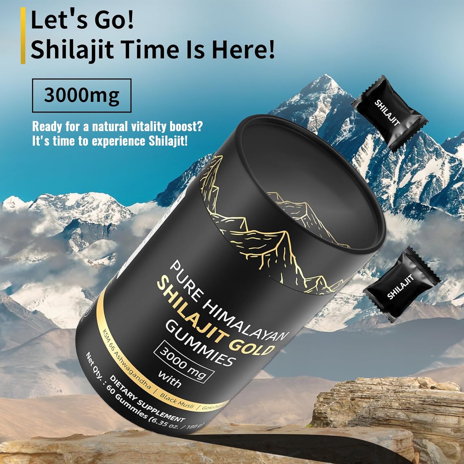 Organic Himalayan Shilajit Gummies with Ashwagandha & Gokshura - Non-GMO, Sugar-Free, 85+ Trace Minerals - 60 Count