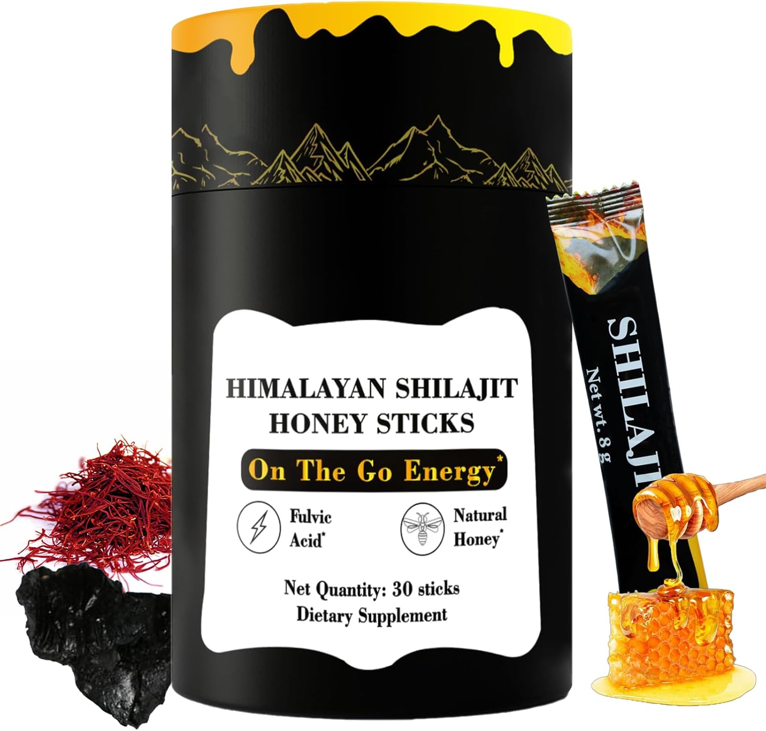 Organic Himalayan Shilajit Honey Sticks with Gold Saffron - Rich in Fulvic Acid and Trace Minerals - for Men and Women - 30 Sticks
