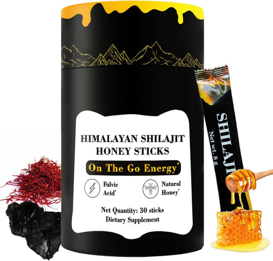 Organic Himalayan Shilajit Honey Sticks with Gold Saffron - Rich in Fulvic Acid and Trace Minerals - for Men and Women - 30 Sticks