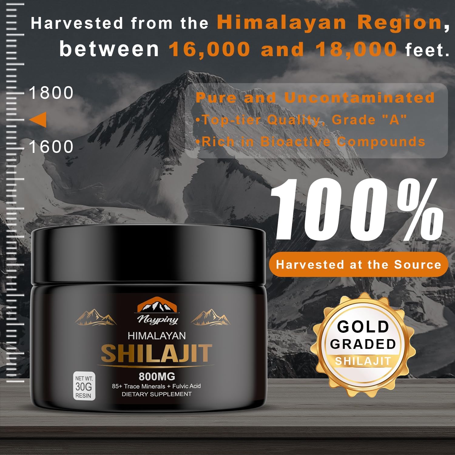 Organic Himalayan Shilajit Resin - 800mg Gold Grade with Fulvic Acid & 85+ Trace Minerals for Energy, Strength, and Immunity - Men & Women - 800mg