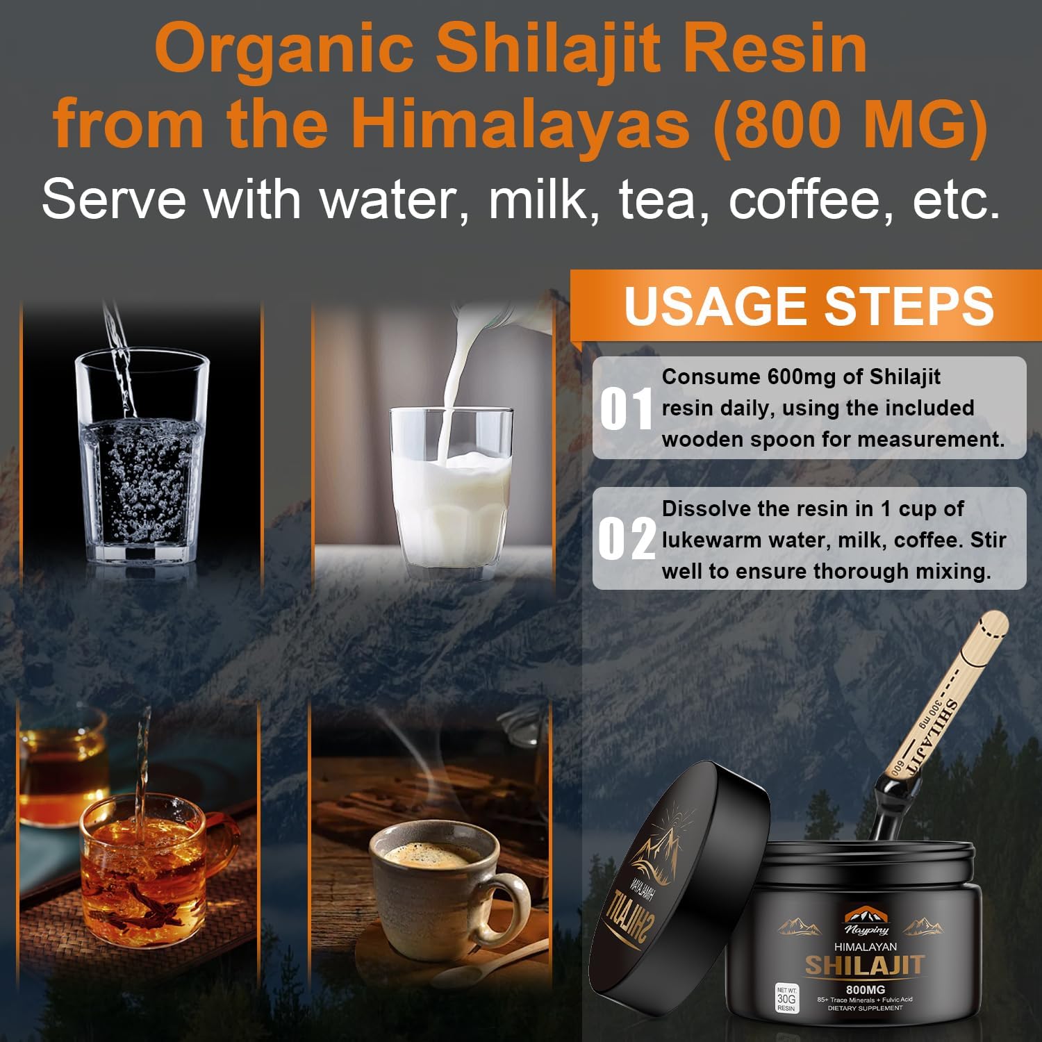 Organic Himalayan Shilajit Resin - 800mg Gold Grade with Fulvic Acid & 85+ Trace Minerals for Energy, Strength, and Immunity - Men & Women - 800mg