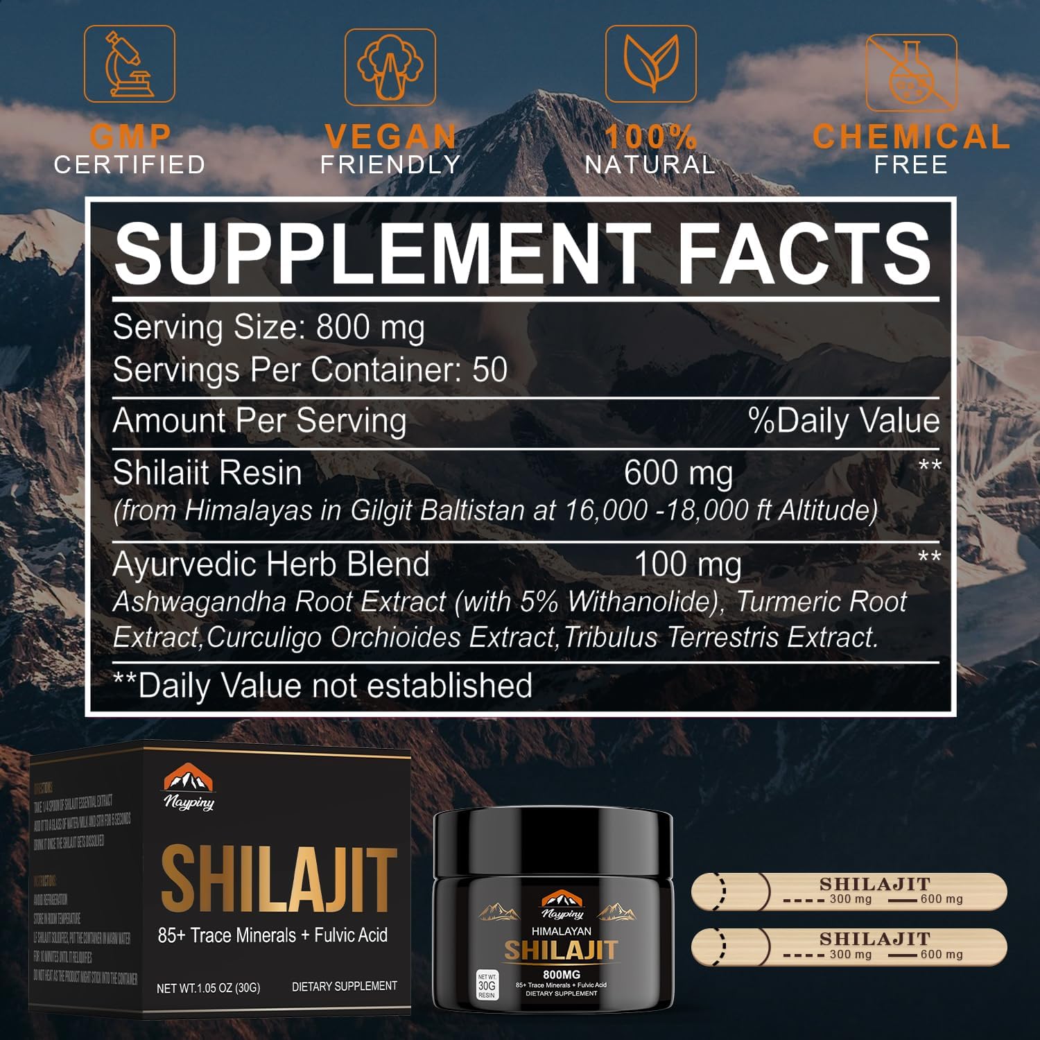 Organic Himalayan Shilajit Resin - 800mg Gold Grade with Fulvic Acid & 85+ Trace Minerals for Energy, Strength, and Immunity - Men & Women - 800mg