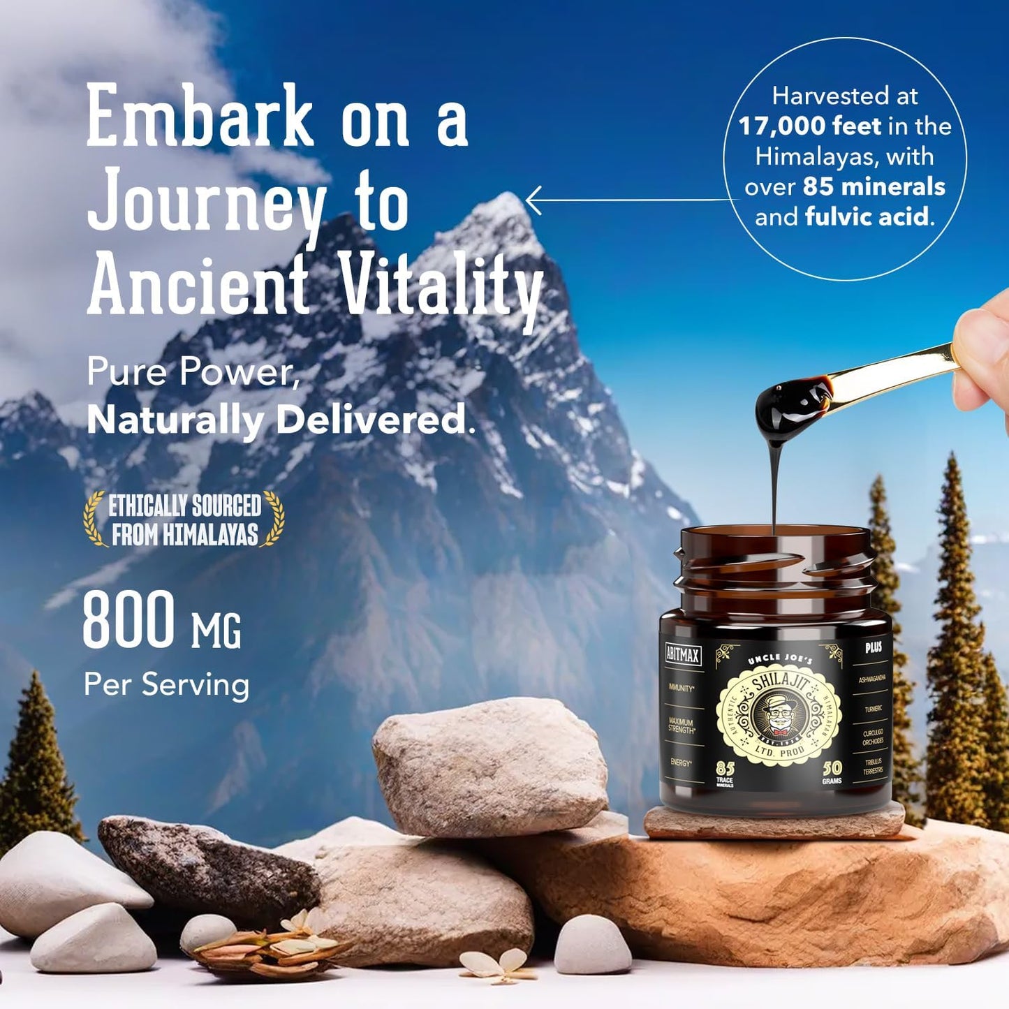 Organic Himalayan Shilajit Resin 50G - High Potency Golden Grade A Supplement with 85+ Trace Minerals, Fulvic Acid for Energy & Immune Support