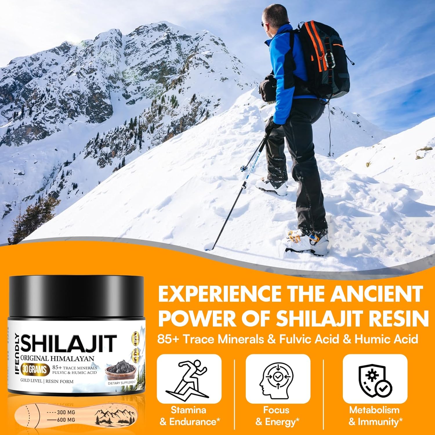 Organic Himalayan Shilajit Resin 600mg - Pure Gold Grade with 85+ Trace Minerals for Stamina, Immunity, and Strength - Men & Women Friendly - 50 Servings