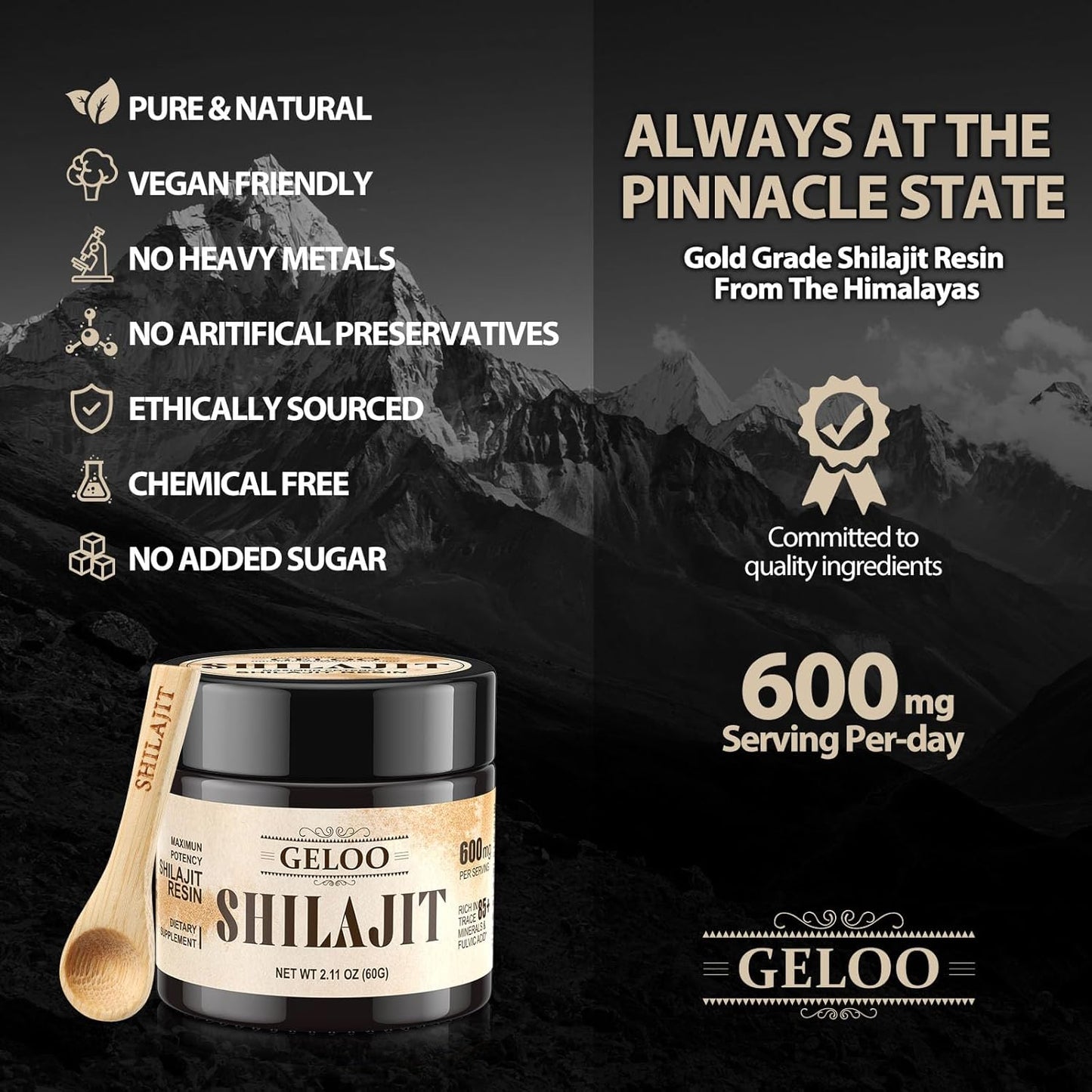 Organic Himalayan Shilajit Resin 60g - Pure Gold Grade Supplement with 85+ Trace Minerals for Energy & Immunity - Natural Fulvic Acid Focus Booster