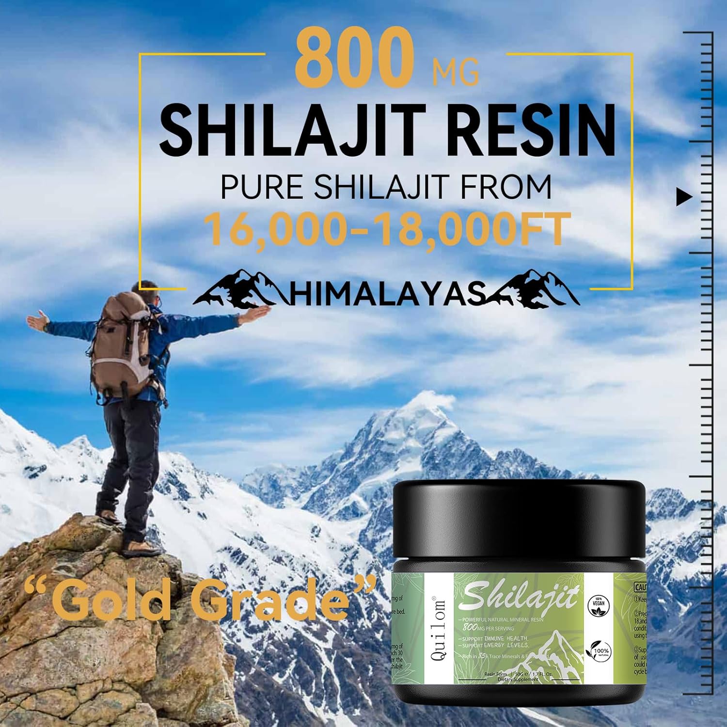 Organic Himalayan Shilajit Resin 800mg Max Strength Supplement - 85+ Trace Minerals - Golden Grade - Immune Support - 50g