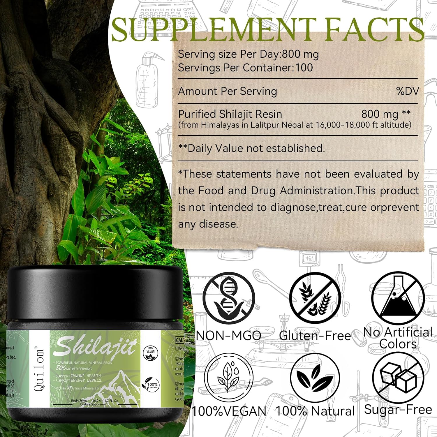 Organic Himalayan Shilajit Resin 800mg Max Strength Supplement - 85+ Trace Minerals - Golden Grade - Immune Support - 50g