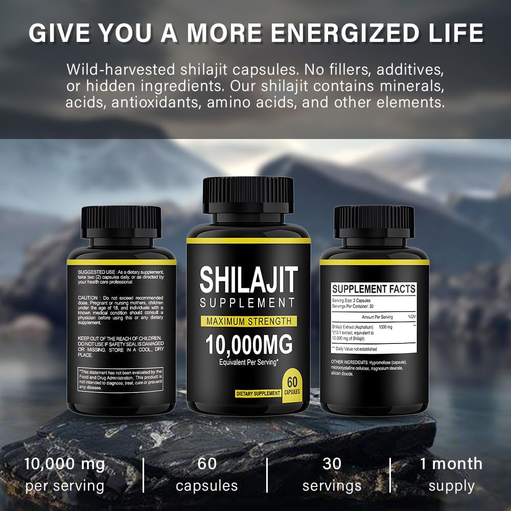 Organic Himalayan Shilajit Resin Capsules - 10000mg Maximum Potency (60 Capsules) for Enhanced Energy and Immunity in Men & Women