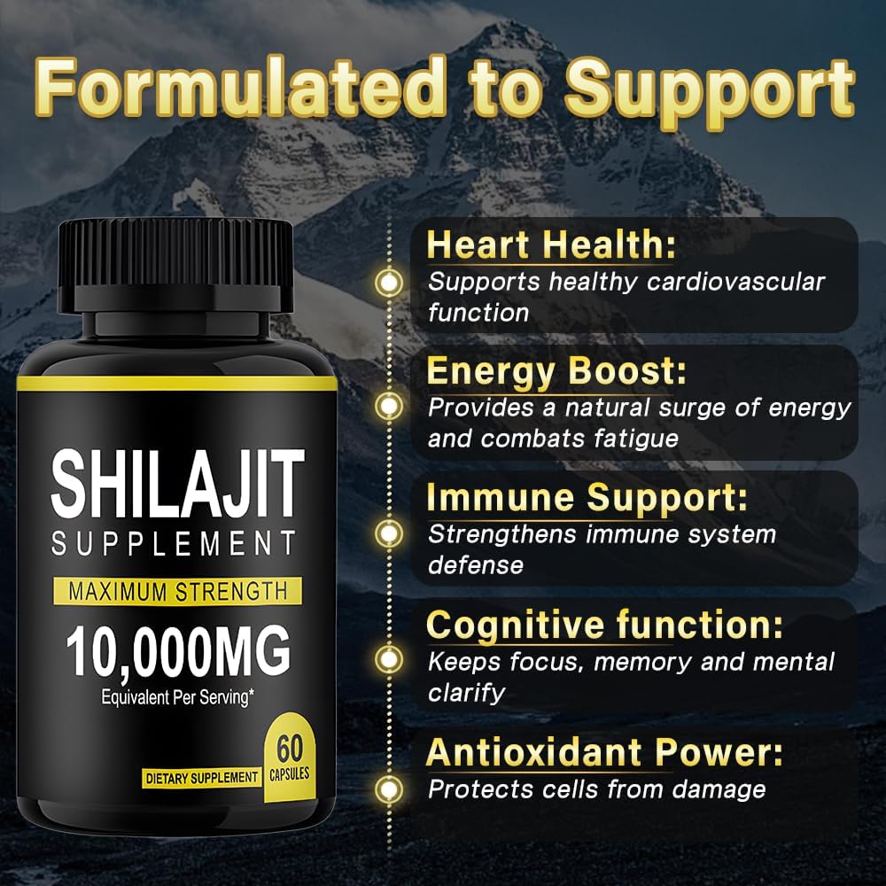 Organic Himalayan Shilajit Resin Capsules - 10000mg Maximum Potency (60 Capsules) for Enhanced Energy and Immunity in Men & Women