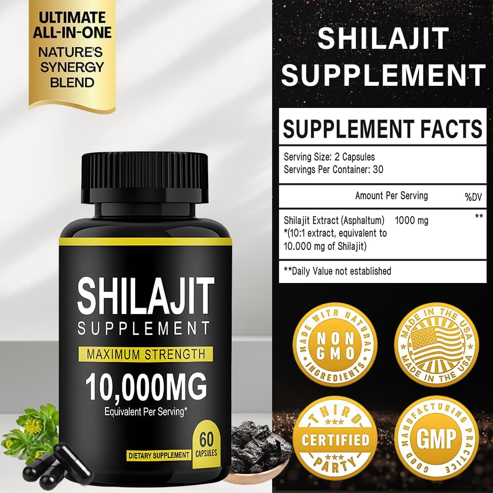 Organic Himalayan Shilajit Resin Capsules - 10000mg Maximum Potency (60 Capsules) for Enhanced Energy and Immunity in Men & Women