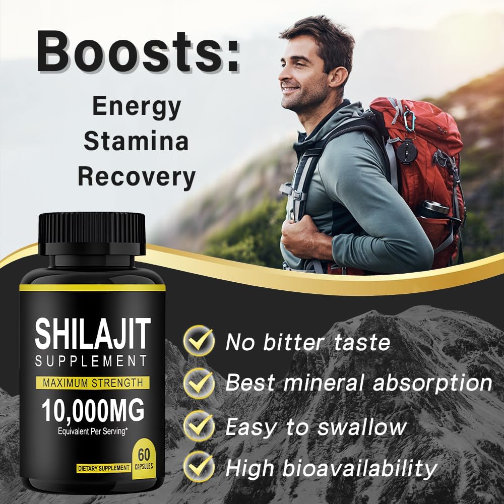 Organic Himalayan Shilajit Resin Capsules - 10000mg Maximum Potency (60 Capsules) for Enhanced Energy and Immunity in Men & Women