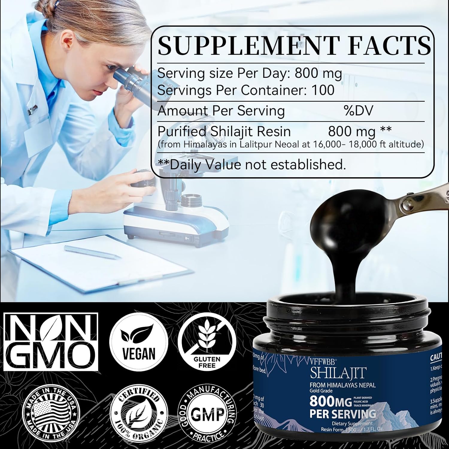 Organic Himalayan Shilajit Resin-Gold Grade 800mg Supplement for Men and Women - 85+ Trace Minerals & Fulvic Acid - Energy & Immune Support - 100% Natural - 50 Grams