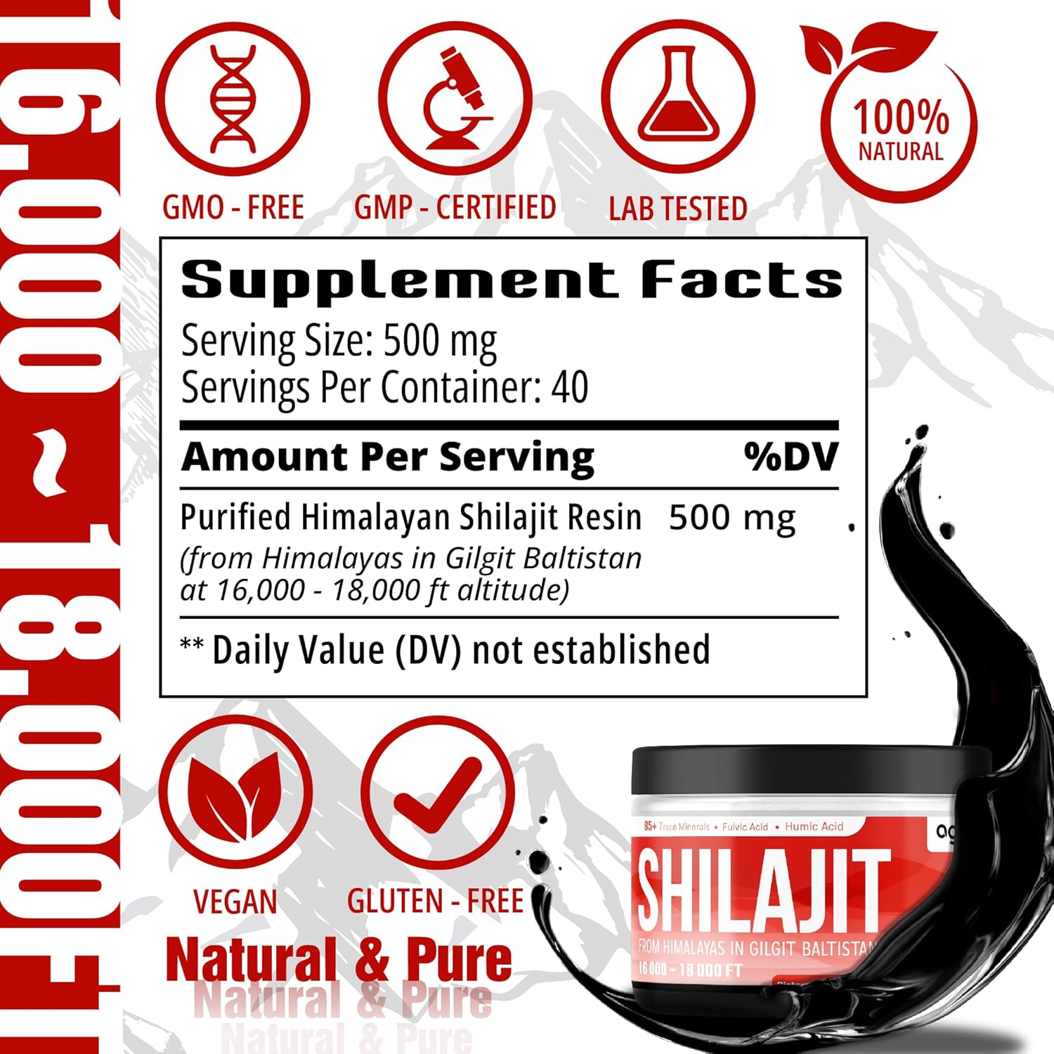 Organic Himalayan Shilajit Resin Supplement - 2 Packs, 20g Each - Rich in 85+ Trace Minerals, Fulvic Acid, Humic Acid - Boost Energy, Immune System, Brain Health