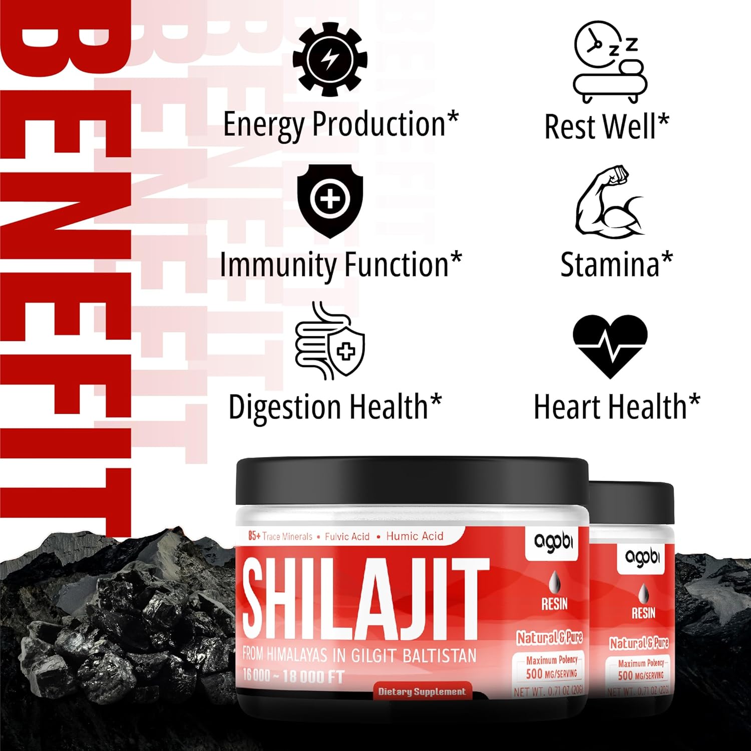 Organic Himalayan Shilajit Resin Supplement - 2 Packs, 20g Each - Rich in 85+ Trace Minerals, Fulvic Acid, Humic Acid - Boost Energy, Immune System, Brain Health