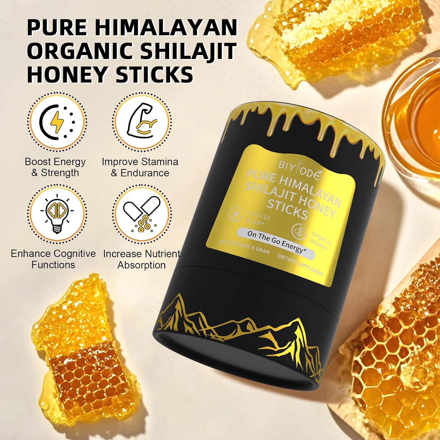 Organic Himalayan Shilajit Sticks with Honey and Saffron - Energy Boost, Immune Support - 30 Day Supply with 85+ Trace Minerals, 75%+ Fulvic Acid