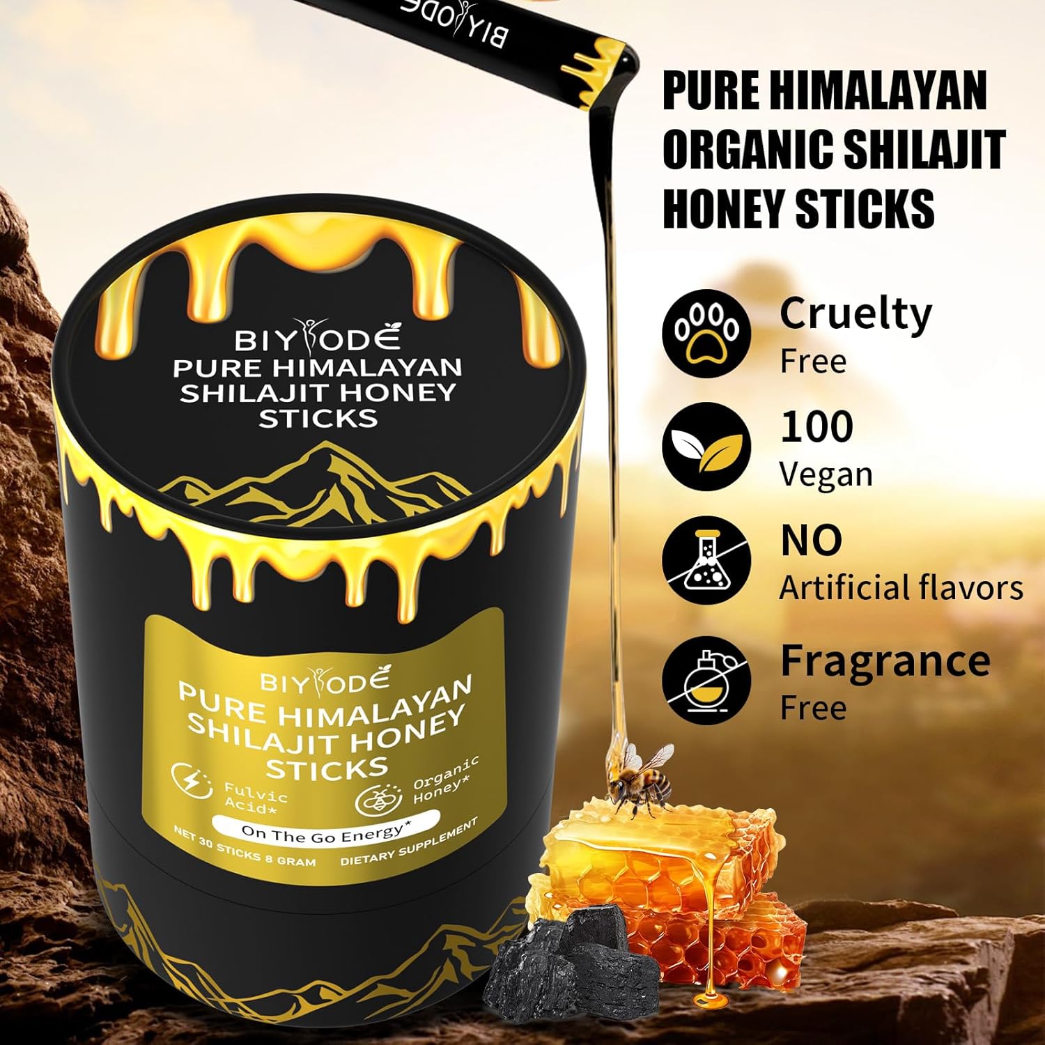 Organic Himalayan Shilajit Sticks with Honey and Saffron - Energy Boost, Immune Support - 30 Day Supply with 85+ Trace Minerals, 75%+ Fulvic Acid