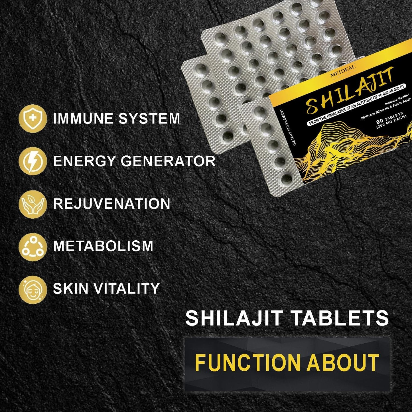 Organic Himalayan Shilajit Tablets with Fulvic Acid & 85+ Minerals for Energy & Immunity - 90 Tablets, 200mg Each