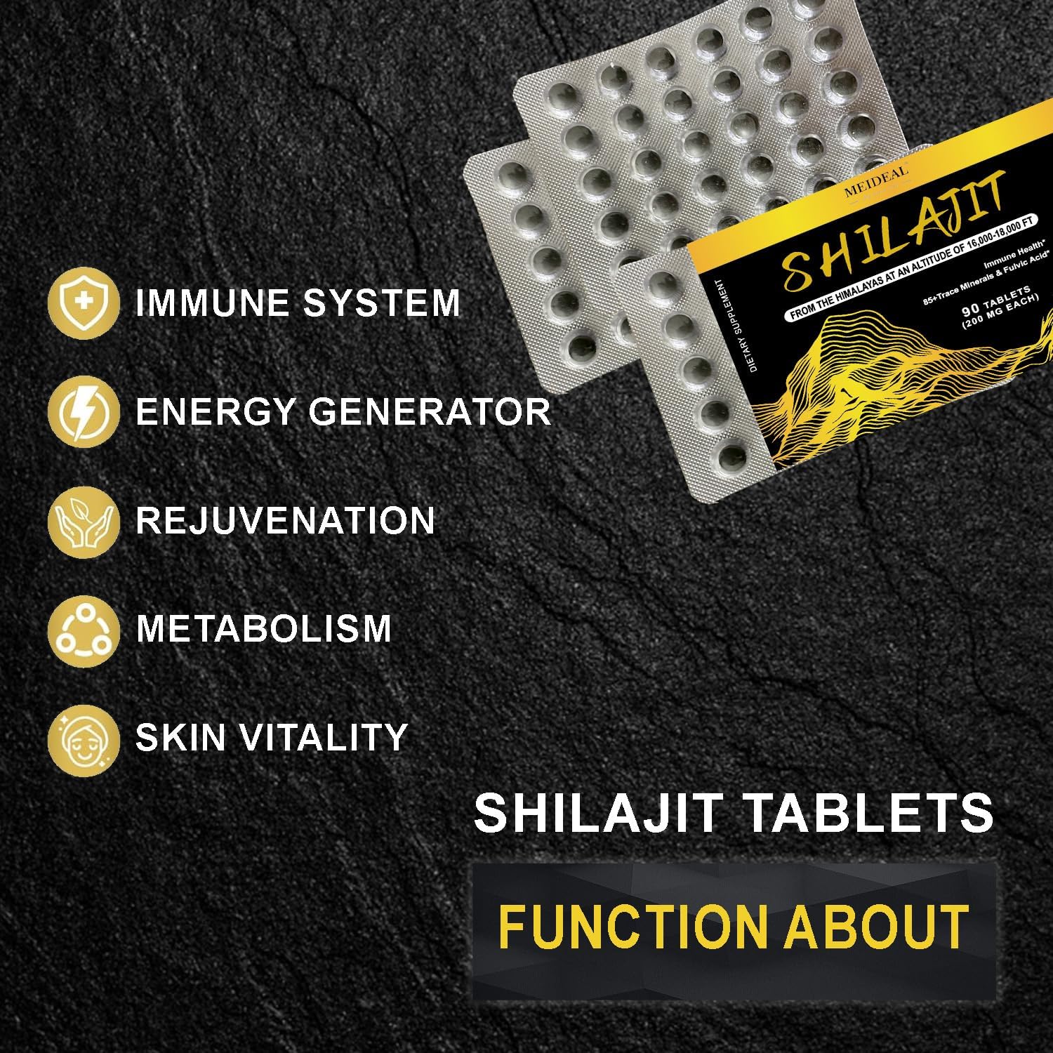Organic Himalayan Shilajit Tablets with Fulvic Acid & 85+ Minerals for Energy & Immunity - 90 Tablets, 200mg Each