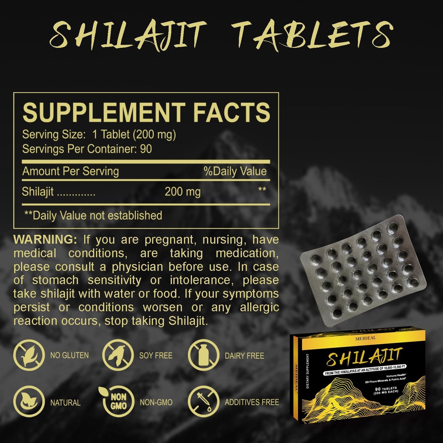 Organic Himalayan Shilajit Tablets with Fulvic Acid & 85+ Minerals for Energy & Immunity - 90 Tablets, 200mg Each