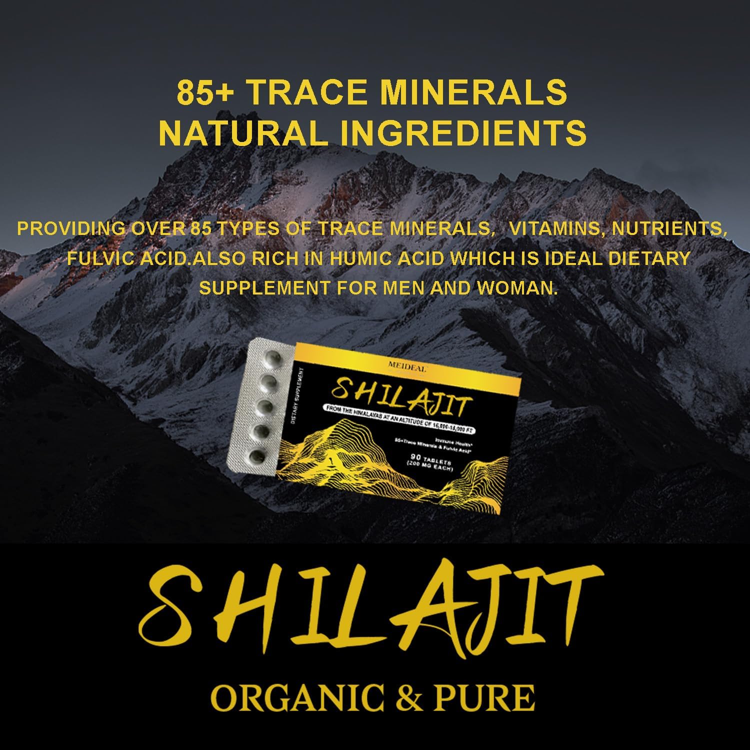 Organic Himalayan Shilajit Tablets with Fulvic Acid & 85+ Minerals for Energy & Immunity - 90 Tablets, 200mg Each