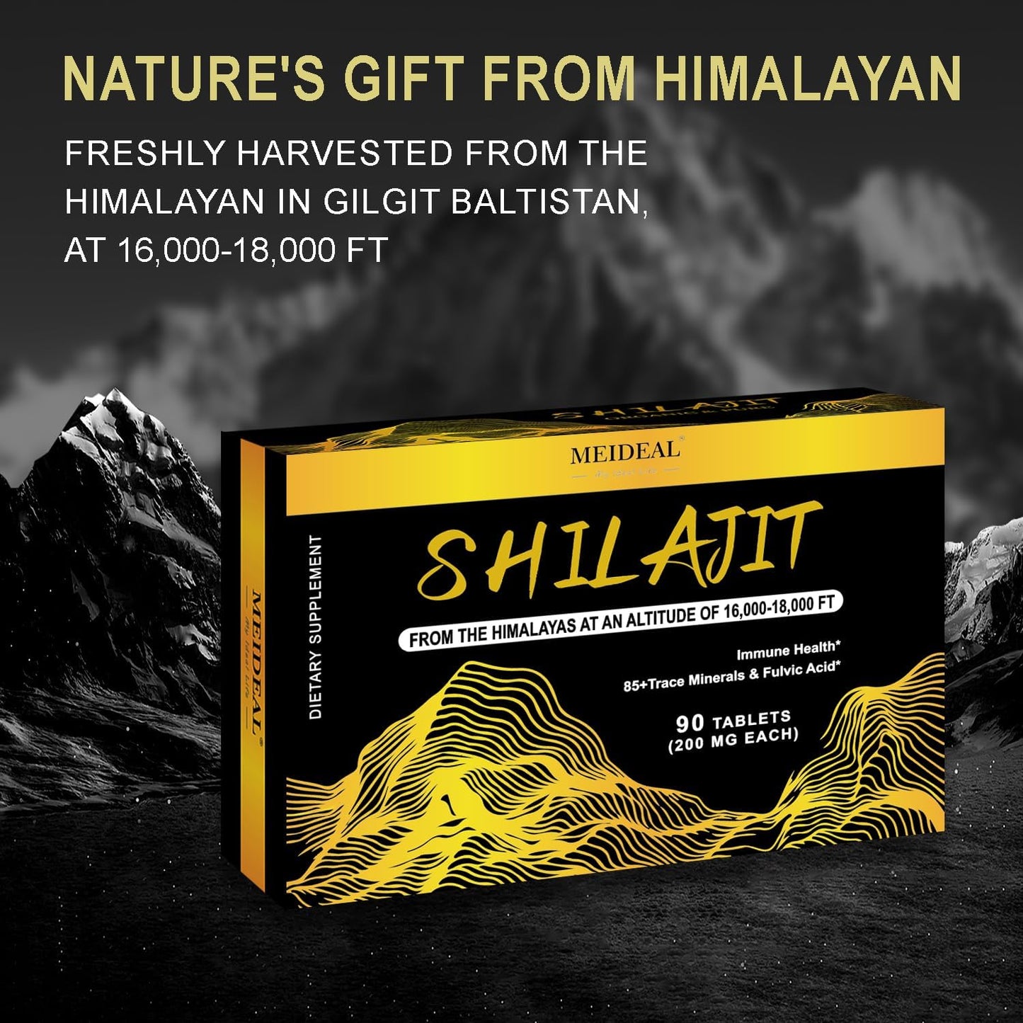 Organic Himalayan Shilajit Tablets with Fulvic Acid & 85+ Minerals for Energy & Immunity - 90 Tablets, 200mg Each
